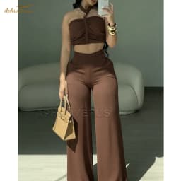 Elegant White Halter Crop Top & Wide Leg Pants 2Piece Set Women Summer Braided Ruched Sleeveless High Waist Casual Party Outfits