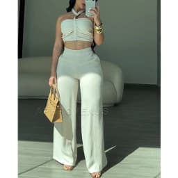Elegant White Halter Crop Top & Wide Leg Pants 2Piece Set Women Summer Braided Ruched Sleeveless High Waist Casual Party Outfits