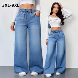 High Waist Wide Leg Denim Pants Elastic Drawstring Waist Loose Fit Jeans Casual Long Trousers for Plus Size Women 6XL 7XL 8XL9XL