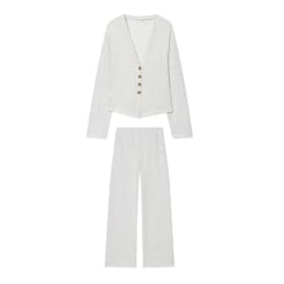 HH Autumn Women Fashion V-Neck Long Sleeve Single-breasted Soft Coat+High Waist Elastic Slim Wide-leg Pants Solid 2-Piece Set