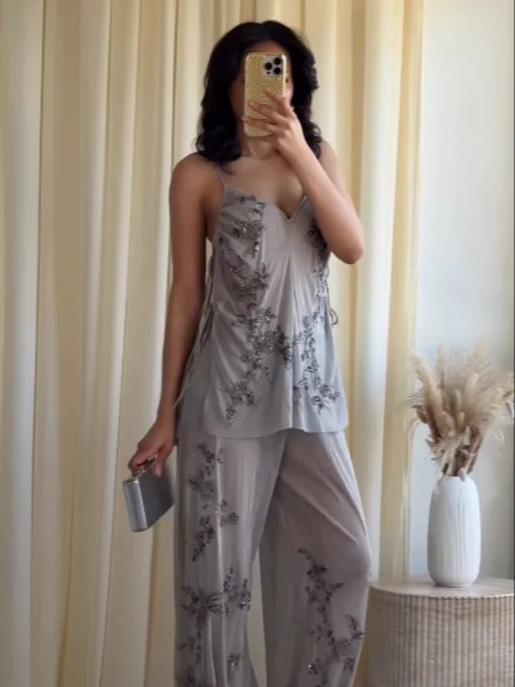 French Relaxed Set Chiffon Vintage Elegant Top Wide Leg Pants Women Sheer Beach Chic Female Stylish Vacation Summer Wear