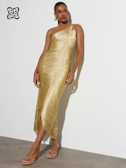 2026 Gold One Shoulder Ruched Maxi Dress Shimmering Metallic Bodycon Midi Gown with Front Slit for Formal Gala платье женское