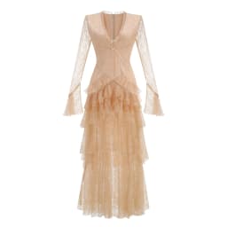 Retro Elegant Lace Dresses Deep V Neck Long Bell Sleeve Tiered Ruffle Gown Women Sexy Luxurious Wedding Guests Dinner Party