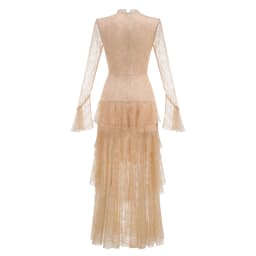 Retro Elegant Lace Dresses Deep V Neck Long Bell Sleeve Tiered Ruffle Gown Women Sexy Luxurious Wedding Guests Dinner Party