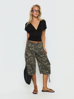 STYLISH LADY Vintage Baggy Cargo Capri Pants 2026 Women Camo Pocket Drawstring Hem Casual Loose Street Wide Leg Mid Jeans