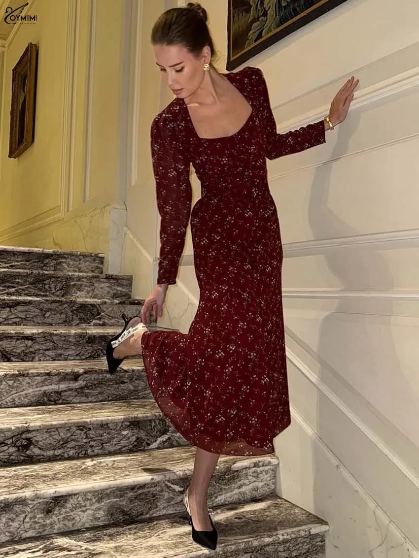 Oymimi Elegant Wine Red Print Women's Dress Fashion Wrist Sleeve Single Breasted Dresses Casual High Waisted Mid-Calf Dresses