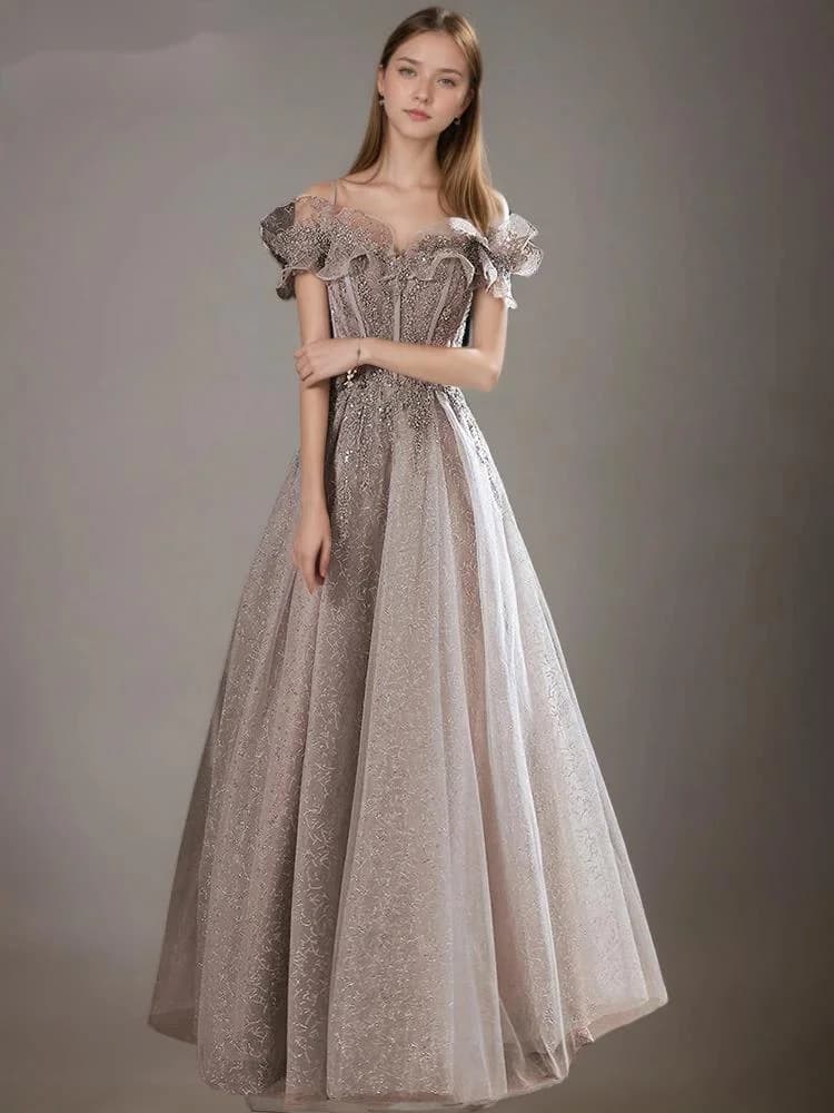 Fashion Gray Sequined Ruffles Strapless Dress Women's Slim Fit Big Swing Ankle-length Evening Dresses New E5HG