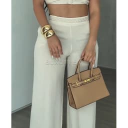 Two Piece Woven Strapless & Trimmed Flared Pants Set Women's Fashion Jumpsuits Streetwear Outfit Stylish Evening Party Clothings