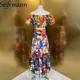Seifrmann Casual printed cotton two-piece round neck short-sleeved top high waist skirt suit 2026 summer new women's clothing