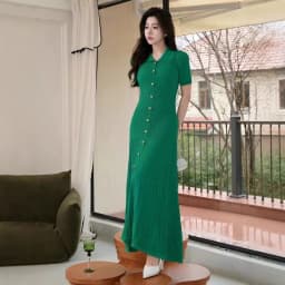 Polo Collar Pullover Temperament Hollow Knitted Long Dress for Women