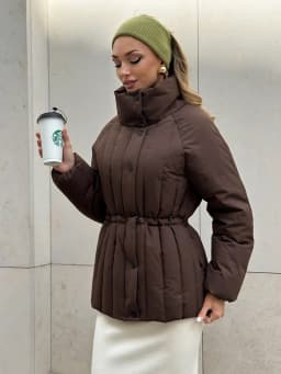 2026 Autumn Winter Women Puffer Jacket High Stand Collar Vertical Quilted Drawstring Waist Coat Brown