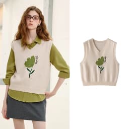 TOYOUTH Women's V Neck Knit Vest 2026 Fall New Arrival Botanical Jacquard Preppy Sleeveless Layering Top