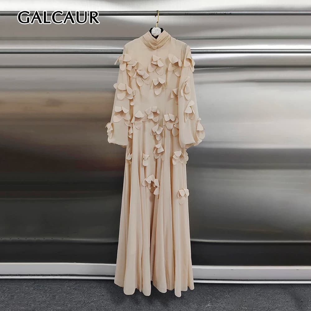 GALCAUR Solid Spliced Flower Loose Maxi Dress for Women High Neck Long Sleeve Patchwork Zipper Casual Dresses Female Fashion New