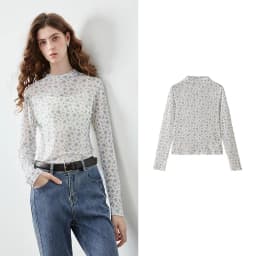 TOYOUTH Women's Floral Print Mesh T Shirt 2026 Fall New Arrival Slim Fit Thin Mock Neck Sheer Second Skin Base Layering Top