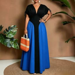Summer New plus Size Midi Dress V-Neck Pure Color Block Waist Cinched Dress Romantic Style Loose Fit High Waist Polyester Fiber