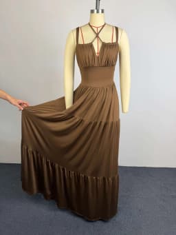 Women Spaghetti Strap Maxi Dress Sheer Waist Mesh Cutout Back Tie‑Up Tiered Ruffle Long Dress Evening Party Vacation Sundress