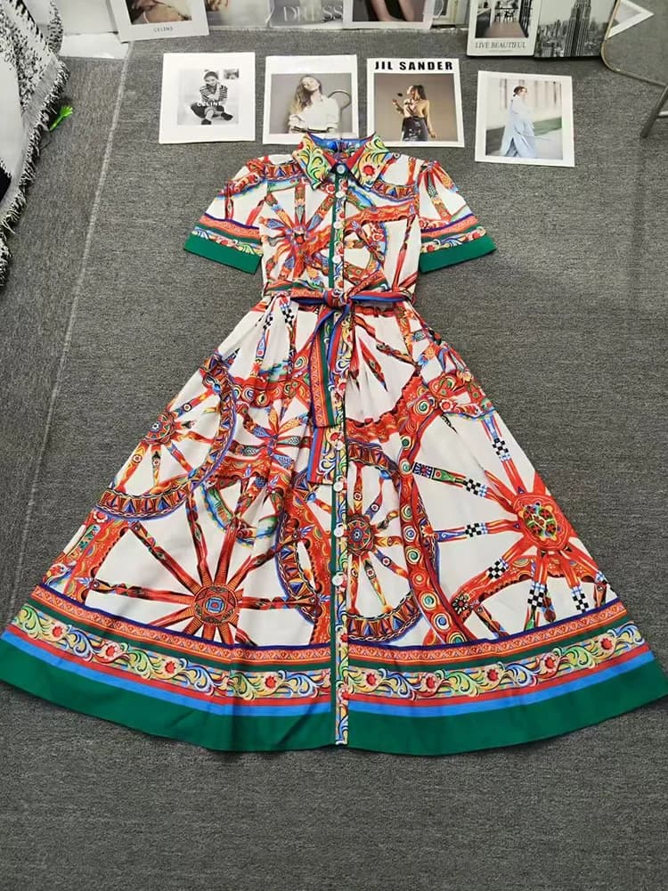 Designer style retro geometric print lapel tie waist dress 2026 summer women's fashionable loose straight leg shirt skirt