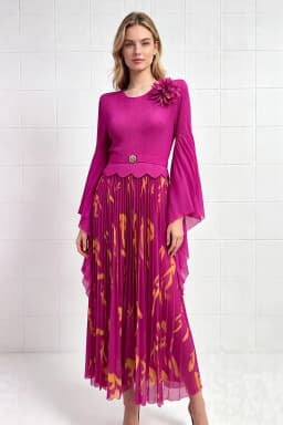 Miyake Pleated Dress Fuchsia Floral Print Bell Sleeve 3D Flower Shoulder Belted Midi Skirt Women Elegant Party Gown