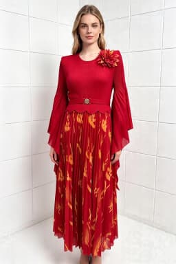 Miyake Pleated Dress Fuchsia Floral Print Bell Sleeve 3D Flower Shoulder Belted Midi Skirt Women Elegant Party Gown
