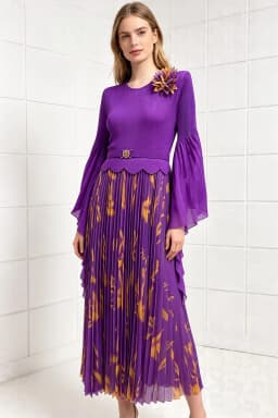 Miyake Pleated Dress Fuchsia Floral Print Bell Sleeve 3D Flower Shoulder Belted Midi Skirt Women Elegant Party Gown