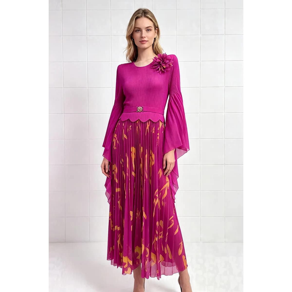 Miyake Pleated Dress Fuchsia Floral Print Bell Sleeve 3D Flower Shoulder Belted Midi Skirt Women Elegant Party Gown