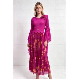 Miyake Pleated Dress Fuchsia Floral Print Bell Sleeve 3D Flower Shoulder Belted Midi Skirt Women Elegant Party Gown