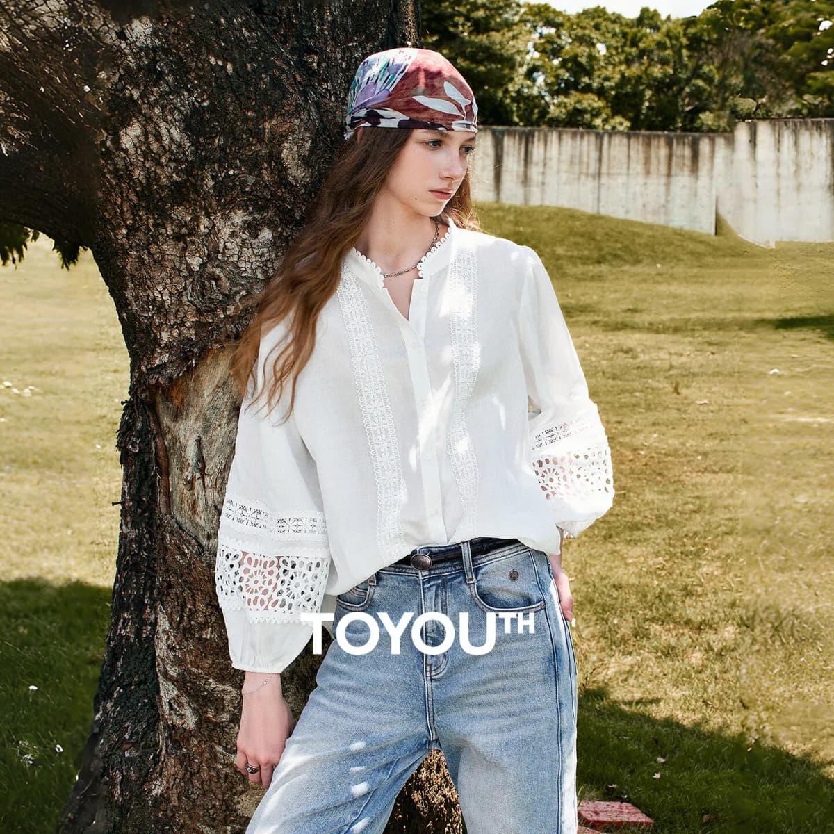 TOYOUTH Liberte Series Womens Lyocell Ramie Blouse 2026 Autumn New Lace Trim Lantern Sleeve Casual Shirt