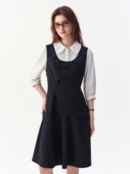 DUSHU 2026 Fall Women's Chic Preppy Faux Two-Piece Long Sleeve A-Line Dress with Waist-Defining Fit for Daily and Office Wear