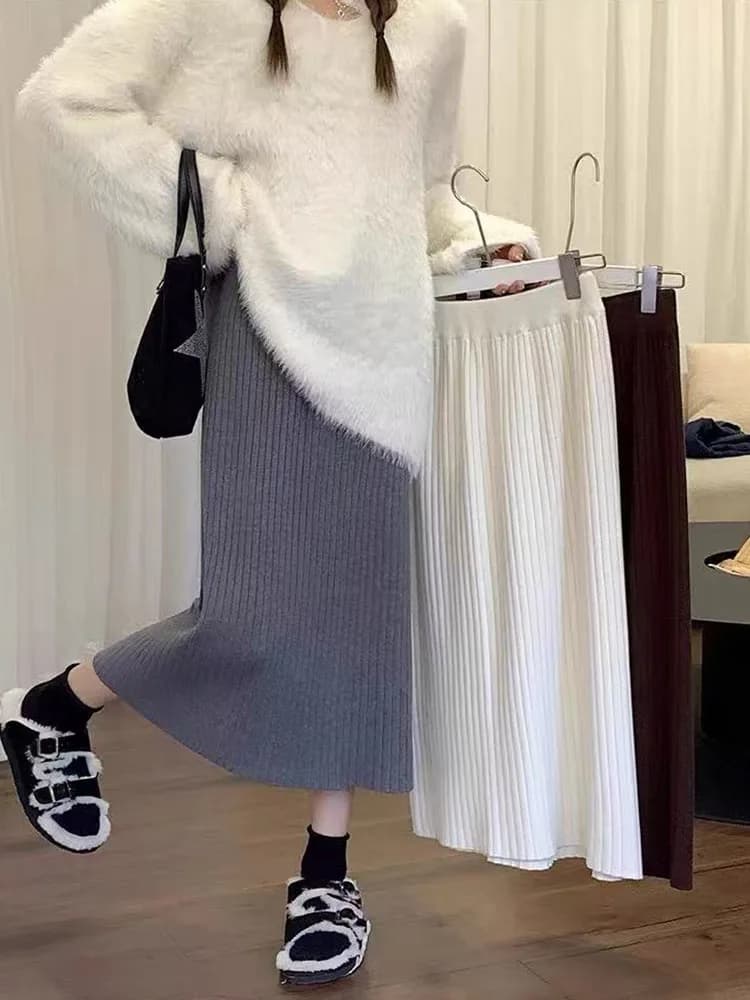 Autumn High Waist Knitted Skirts Women Korean Loose Solid Casual Midi Skirts Female Sweet Preppy Basic All Match A Line Skirts