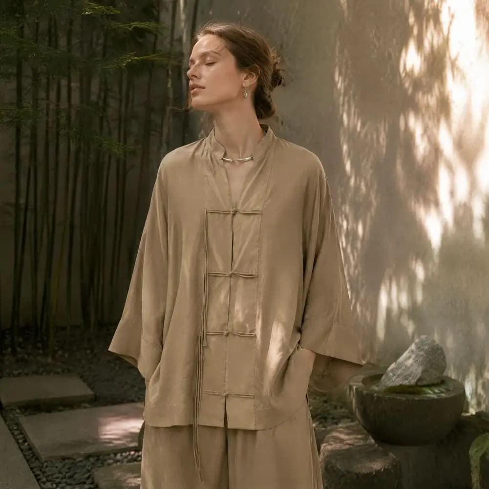 Women Stand Collar Shirt Chinese Frog Button Blouse for Early Fall, Loose Solid Color Long Sleeve Top Durable Polyester