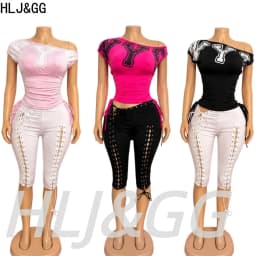 HLJ&GG Fashion Y2K Letter Print One Shoulder Two Piece Set Women Side Drawstring Ruched Top And Hollow Bandage Shorts Streetwear