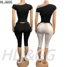 HLJ&GG Fashion Y2K Letter Print One Shoulder Two Piece Set Women Side Drawstring Ruched Top And Hollow Bandage Shorts Streetwear