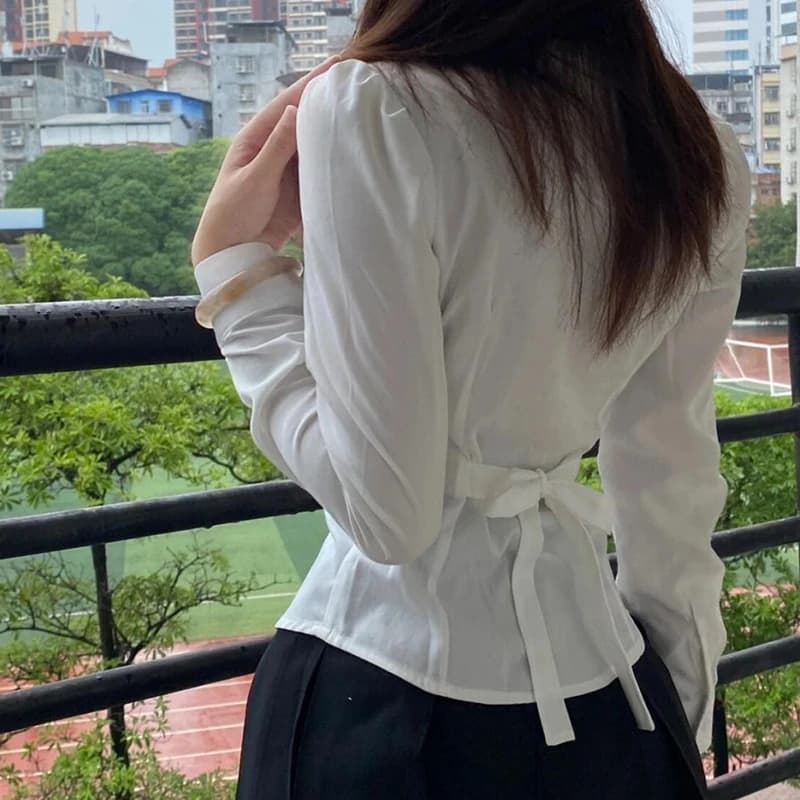 Preppy Bandage Basic White Shirt Women 2026 Y2K Long Sleeve Slim Fit Shirts Woman Harajuku Turn Down Collar Cropped Shirt Mujer