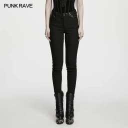 PUNK RAVE Women's Gothic Dark Patterned Jacquard Pants Waist Features Lace Decoration Slim-fit Tapered Trousers