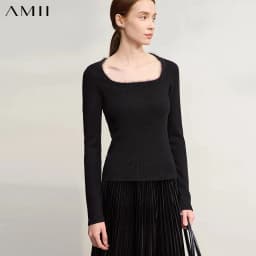 Amii Sweater For Woman 2026 Winter New Modern Retro Square Collar Sweater Slim Solid Versatile Women's Long Sleeve Top 12544142