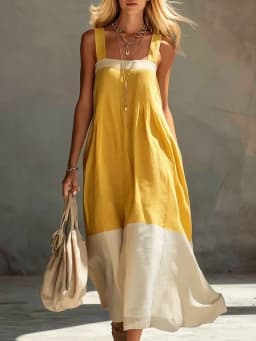 Women Color Block Sleeveless Maxi Dress Spaghetti Strap Loose Flowy Tiered Casual Sundress for Beach Vacation and Resort Wear