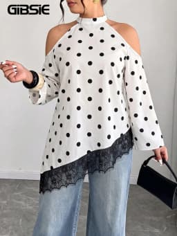 GIBSIE Plus Size Polka Dot Cold Shoulder Top Women Autumn Long Sleeve Loose Contrast Lace Asymmetrical Hem Tops and Blouses 2026