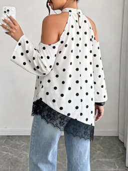 GIBSIE Plus Size Polka Dot Cold Shoulder Top Women Autumn Long Sleeve Loose Contrast Lace Asymmetrical Hem Tops and Blouses 2026