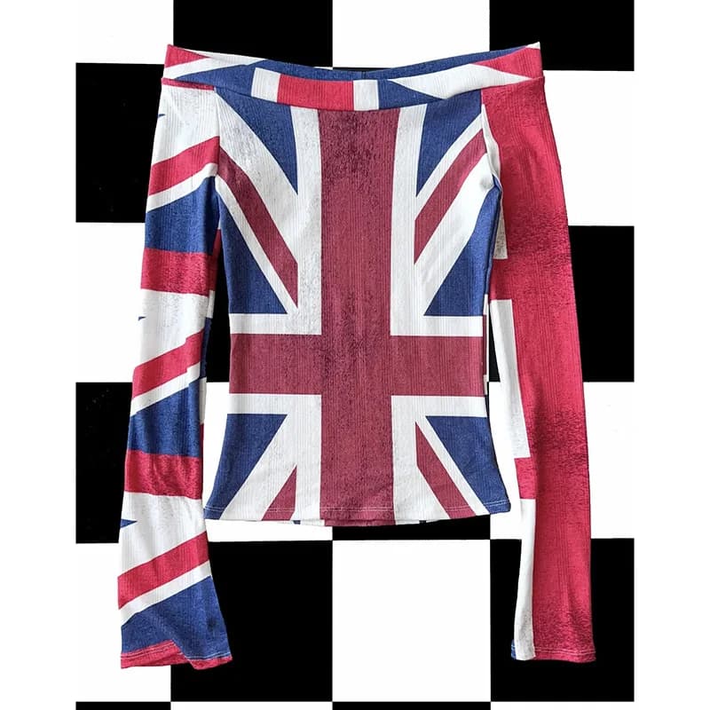 Y2K Harajuku Digital Print American Flag Off Shoulder Long Sleeve T Shirt Slim Fit Sexy Streetwear Top for Women Street Style
