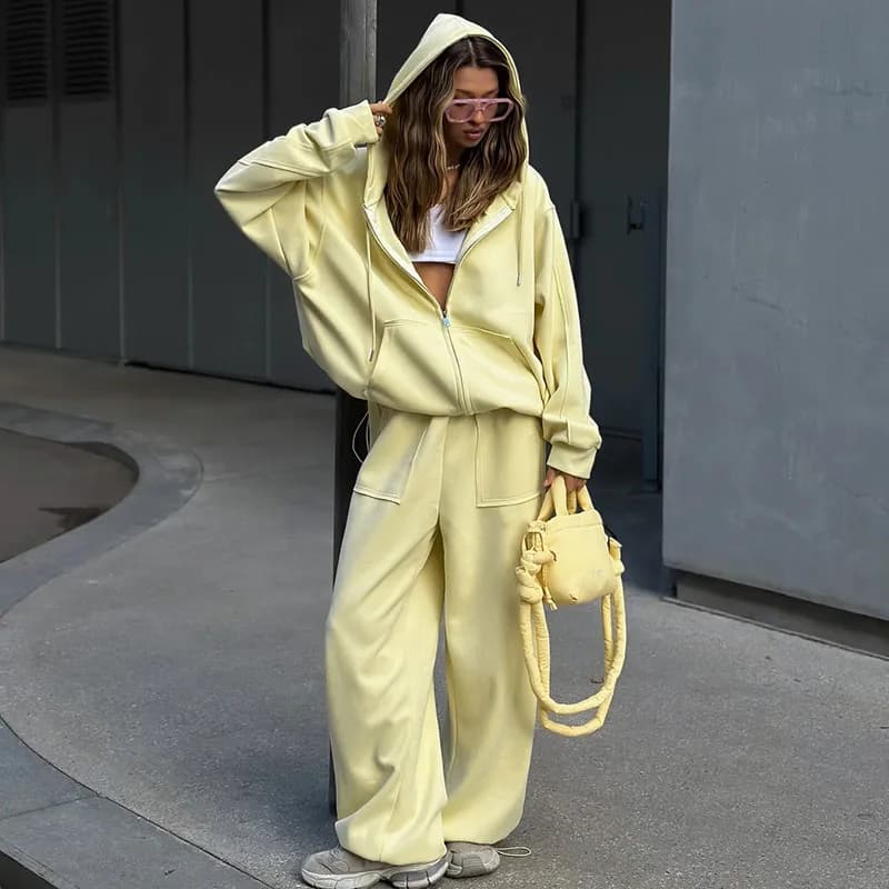 Hooded Zipper Long Sleeved Coat with Wide Leg Pants Women's Outfits Autumn Loose Sportswear Street Style Casual Two Piece Set