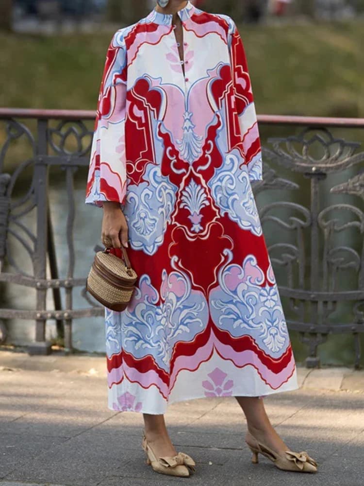 Bohemian Stand Up Collar A-Line Length Dress Retro Print Long Sleeved Office Commuting Dress Casual Linen Loose Plus Size Dress