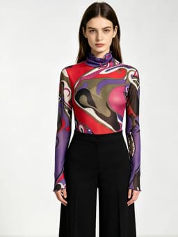 Abstract Printed Gauze Female Upper Collar Ruffled Long Sleeve Slim Elastic Pullover Temperament Bottoming Shirt