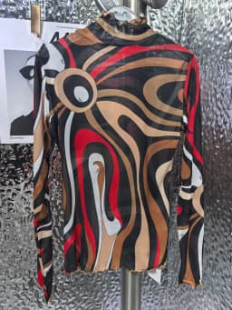 Abstract Printed Gauze Female Upper Collar Ruffled Long Sleeve Slim Elastic Pullover Temperament Bottoming Shirt