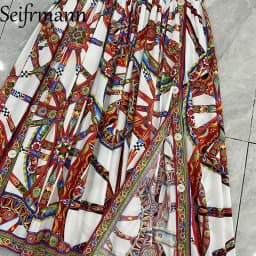 Seifrmann Casual printed cotton skirt slit on both sides button long skirt 2026 autumn fashion women's new style