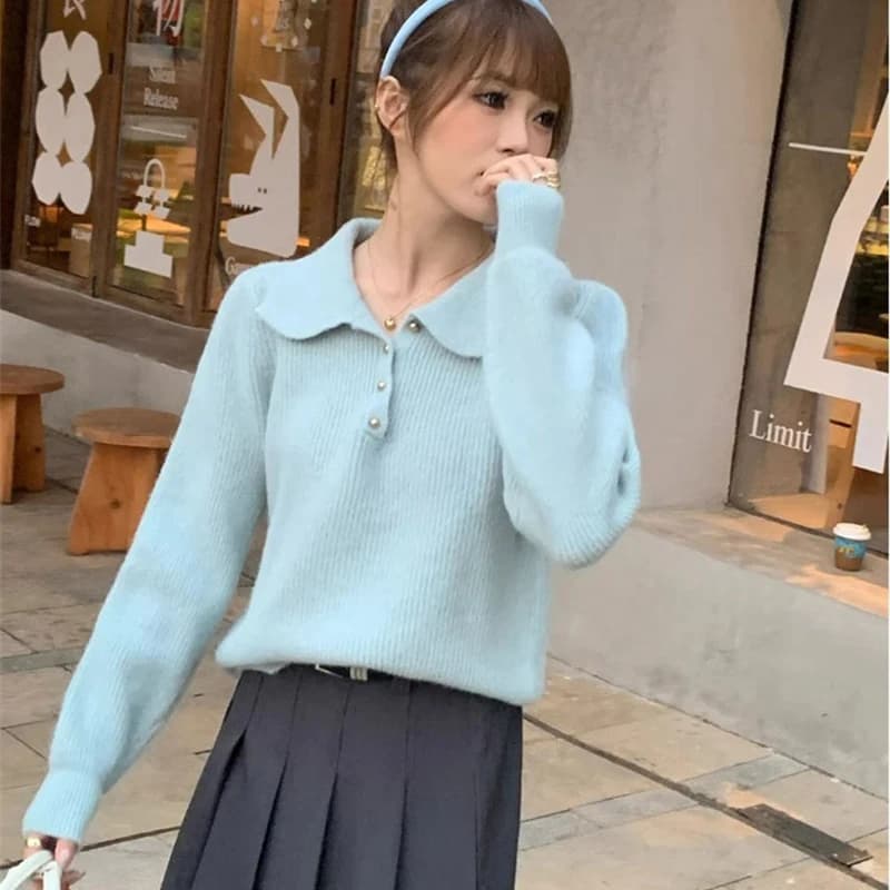 2026 Chic Turn Down Collar Knitted Sweaters Women Button Up Solid Color Sweater Pullovers Woman Korean Long Sleeve Jumpers Mujer