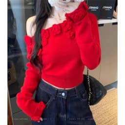 Women 3D Rose Applique Knit Sweater Off Shoulder Pullover Asymmetric Neck Cropped Top Y2K Coquette Winter Jumper