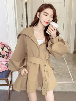 Elegant Belt Trench Women Fashion Lantern Sleeve Slim Sweet Fall Coat Casual Chic Single Breasted Female Solid Hooded Jacket Top