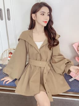 Elegant Belt Trench Women Fashion Lantern Sleeve Slim Sweet Fall Coat Casual Chic Single Breasted Female Solid Hooded Jacket Top