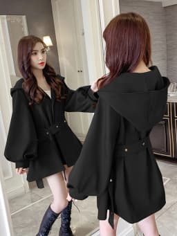 Elegant Belt Trench Women Fashion Lantern Sleeve Slim Sweet Fall Coat Casual Chic Single Breasted Female Solid Hooded Jacket Top