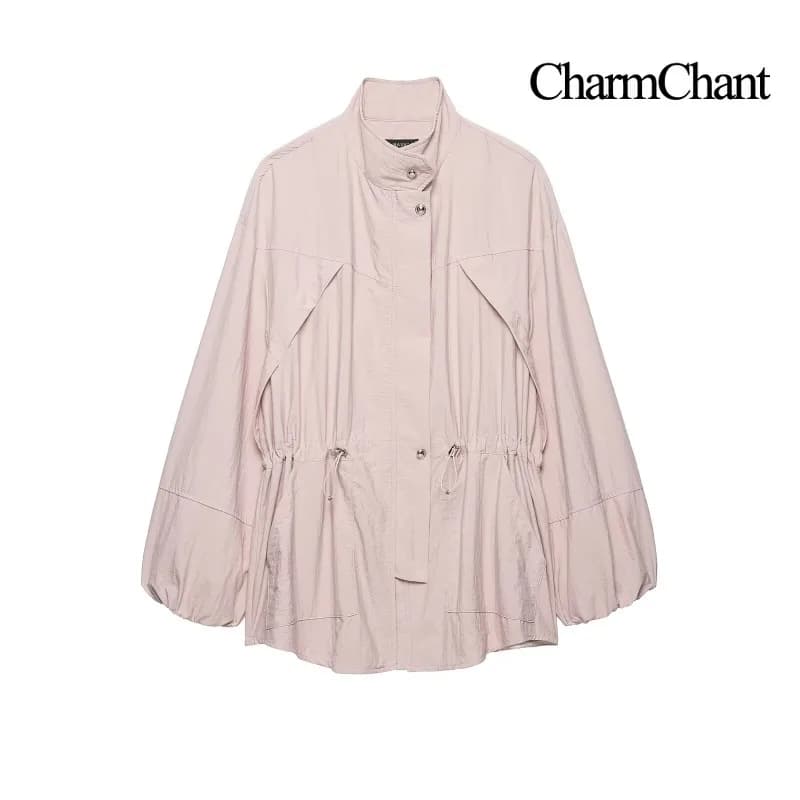 CHARMCHANT Women's Stand Collar Windbreaker Adjustable Drawstring Waist Loose Fit Lightweight Jacket Spring Summer 2026